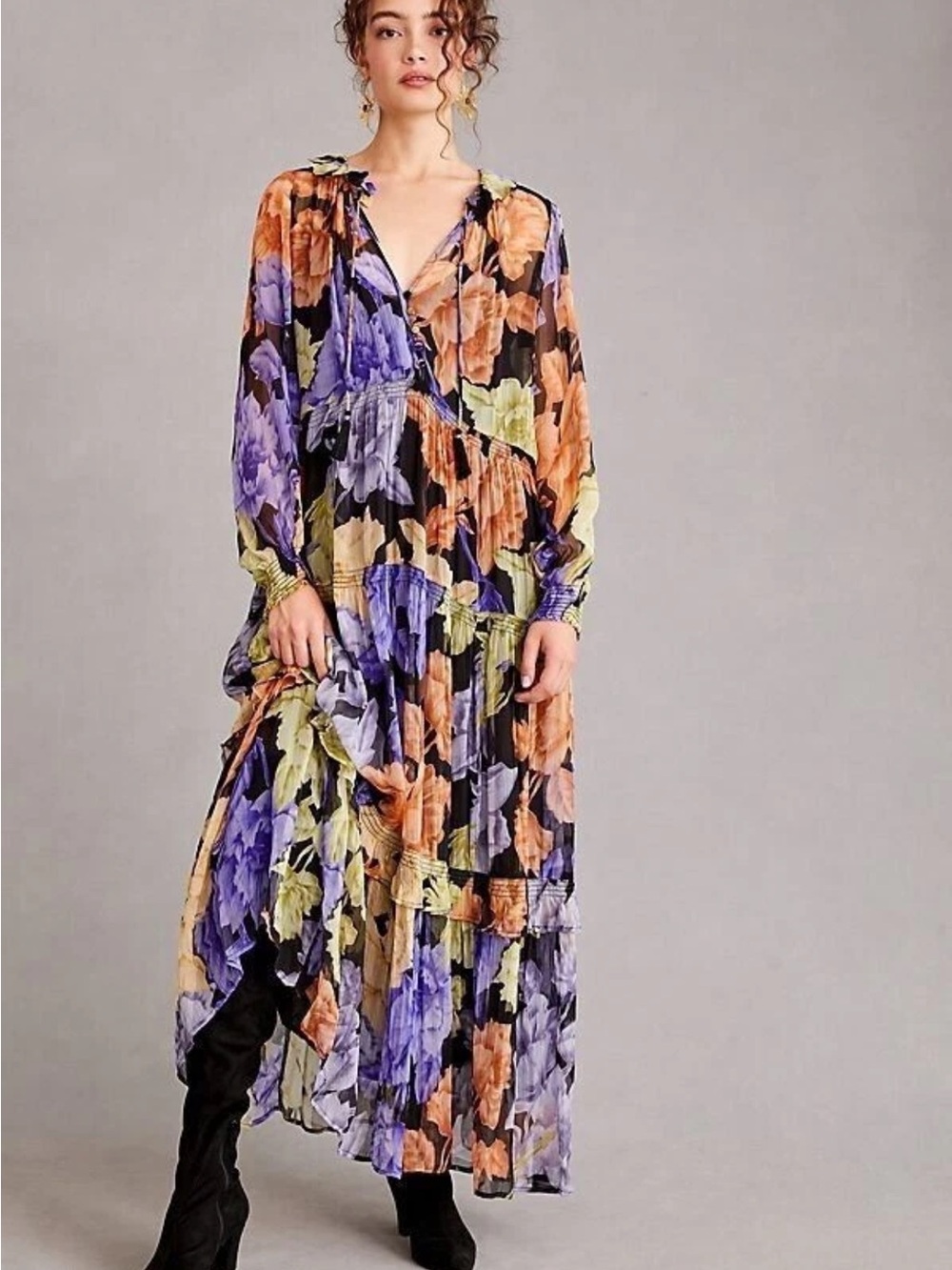 Anthropologie Marais Black Floral Tiered Maxi Dress with Purple & Orange Blooms